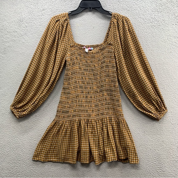 Urban Outfitters Dresses & Skirts - Urban Outfitters Francis Smocked Puff Sleeve Mini Dress Yellow Brown Women’s S